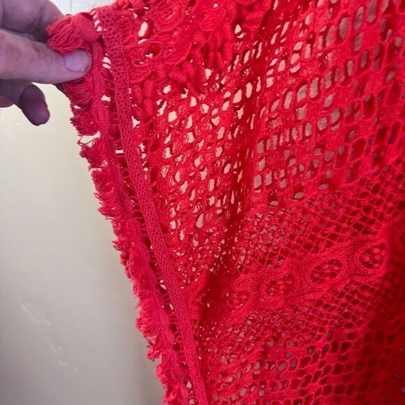 Chico’s Womens Crocheted Swim Beach Knit Cover Up Cherry Red VNeck Pullover OS - Picture 3 of 5